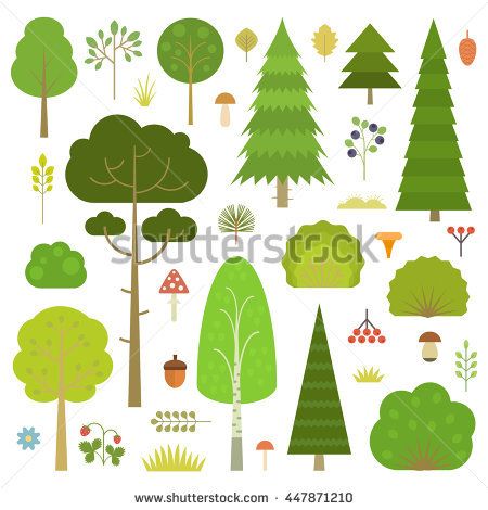 450x470 Set Of Flat Vector Forest Elements Trees, Spruce, Pine, Grass