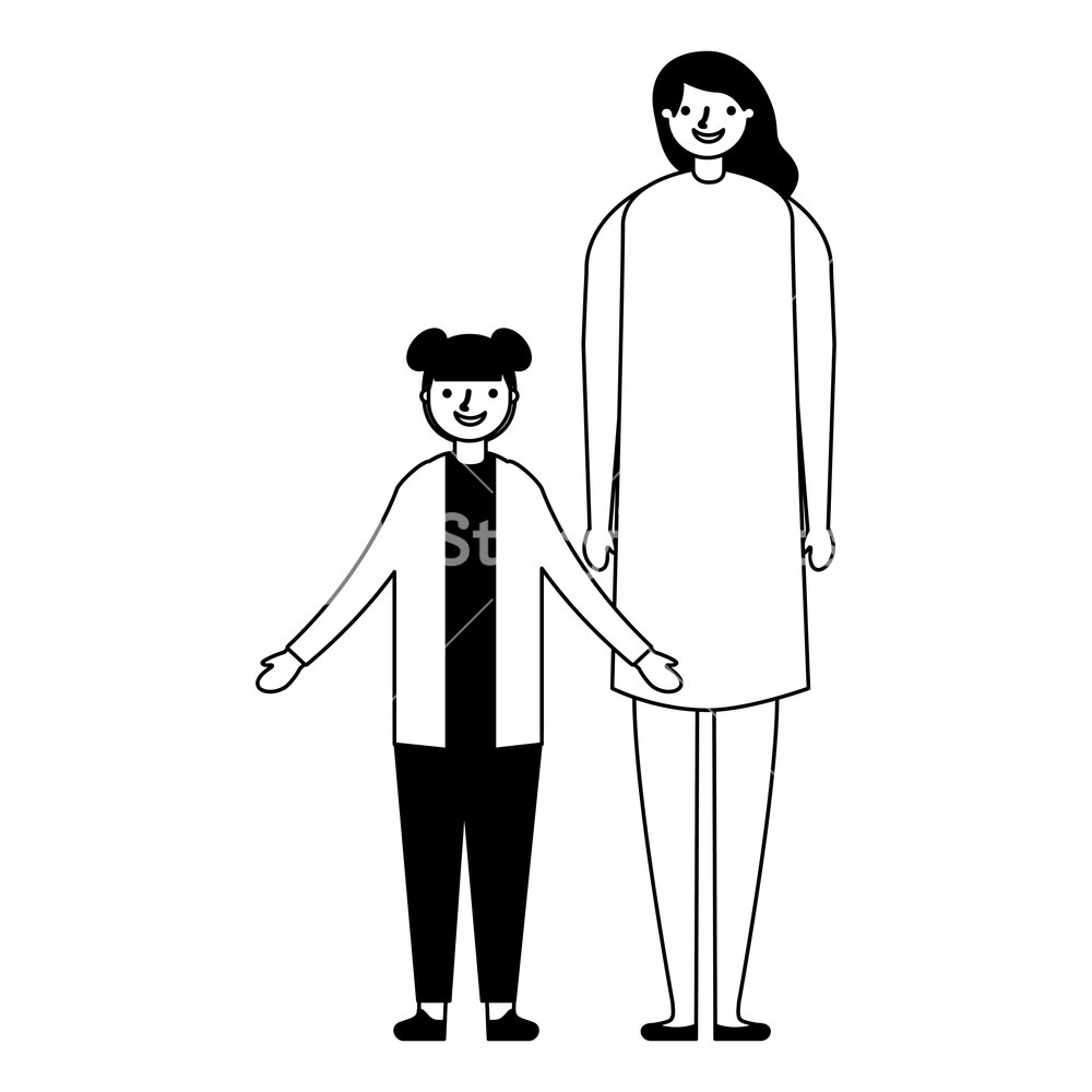 1000x1000 Family Happy Mother And Daughter Vector Illustration Monochrome