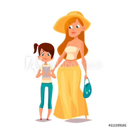 500x500 Cartoon Mother And Daughter, Vector Illustration Comic Isolated