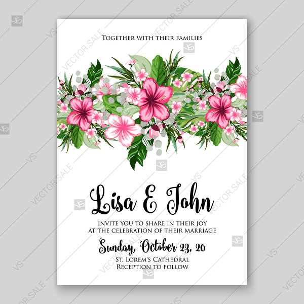 600x600 Tropical Wedding Invitation Background Vector Hibiscus Flowers