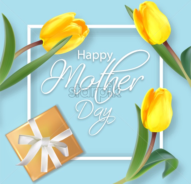 621x600 Mother Day Card With Yellow Tulips Vector Realistic Gifts