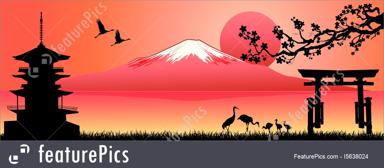 Landscape, Mount Fuji At Sunset Stock Illustration 1300x570 Landscape, Mount Fuji At Sunset Stock Illustration