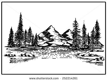 450x341 Mountain Lake Forest Pine Trees Rock Vector Illustration Artwork