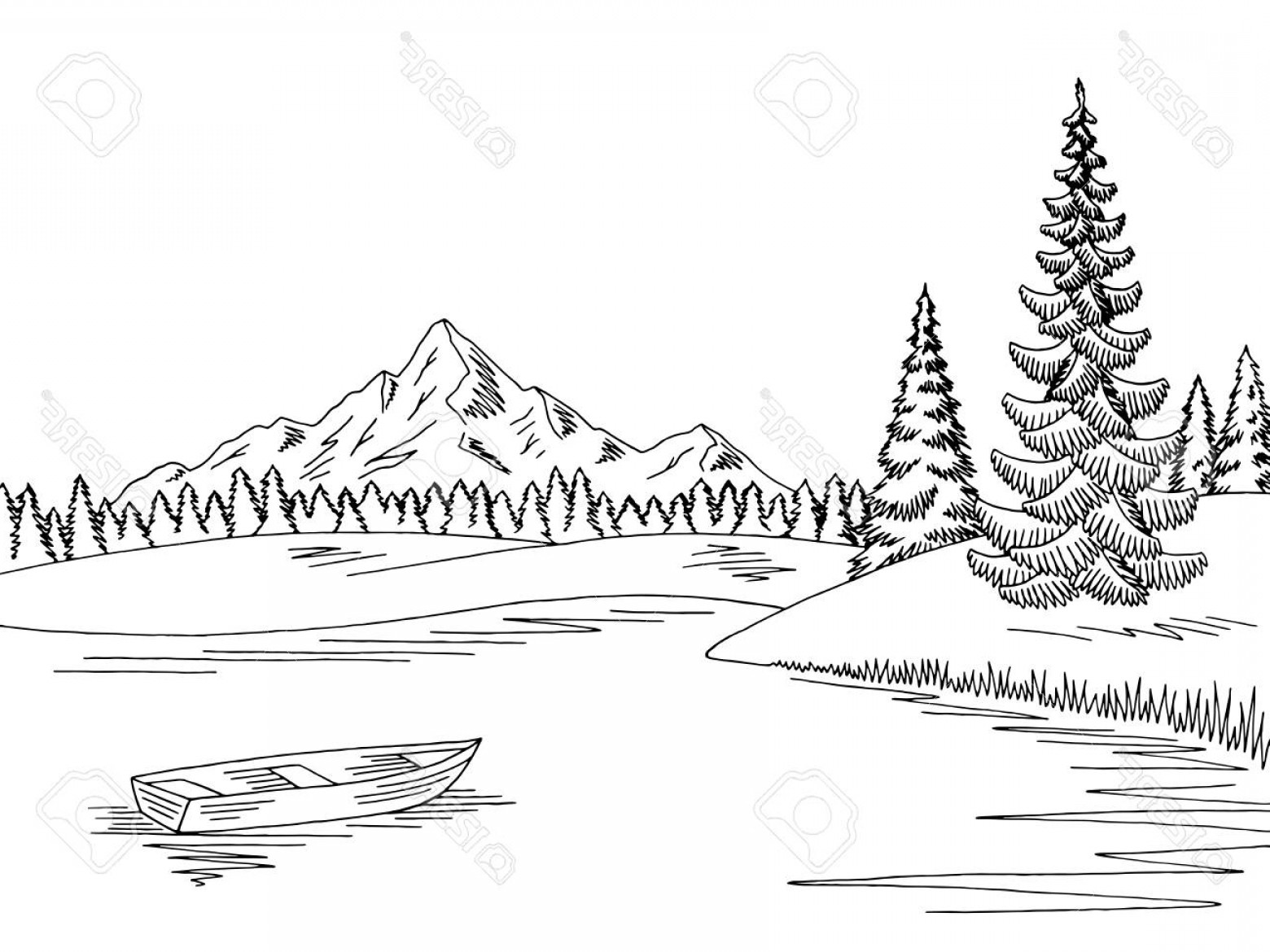 1560x1170 Photostock Vector Mountain Lake Graphic Black White Landscape