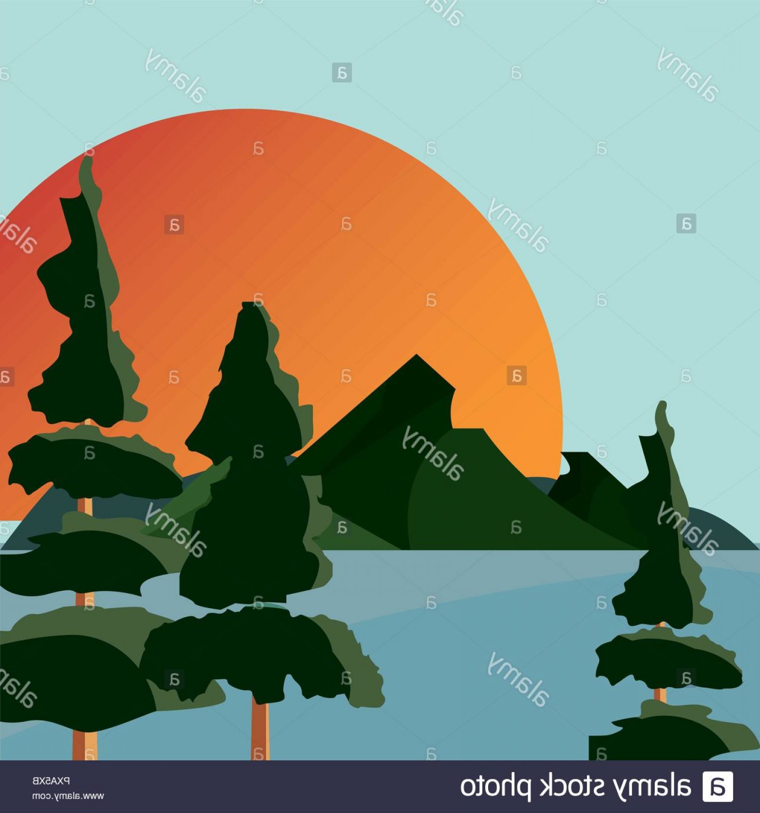 1560x1668 Trees Sun Mountain Lake Natural Landscape Vector Illustration