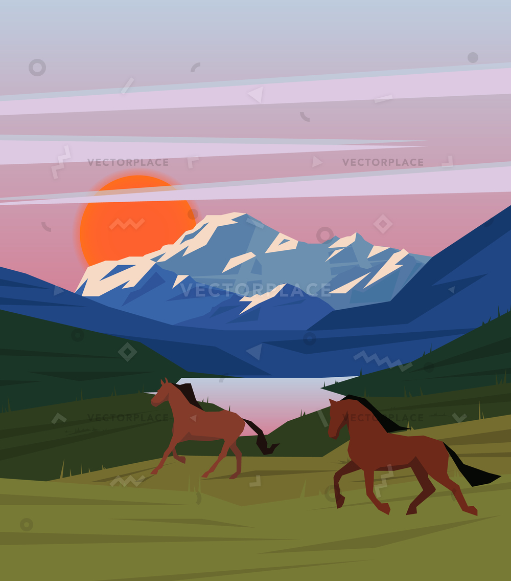 1000x1135 Colorful Sunrise Nature Scenery Template Horses Vector