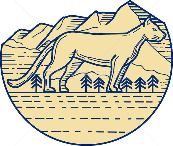 600x505 Cougar Mountain Lion Tree Mono Line Vector Illustration Aloysius