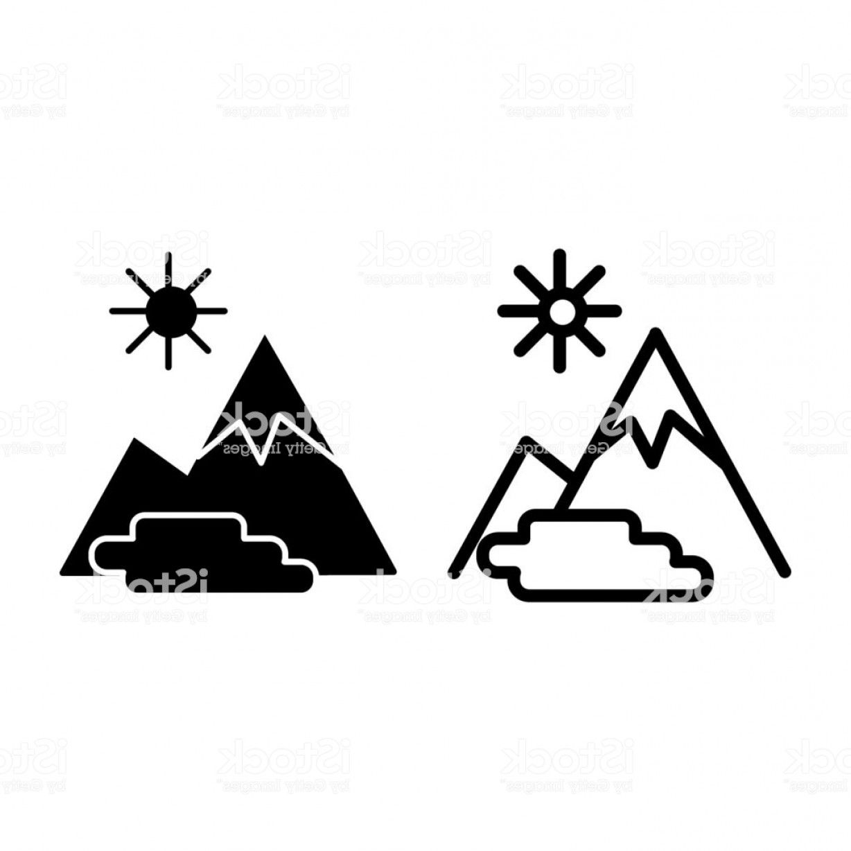 1228x1228 Mountain Landscape Line And Glyph Icon Mountains Sun And Lake