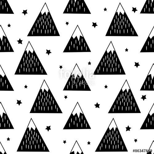 500x500 Seamless Pattern With Geometric Snowy Mountains And Stars Black