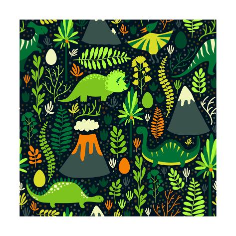 473x473 Vector Seamless Pattern With Different Dinosaurs, Floral Elements