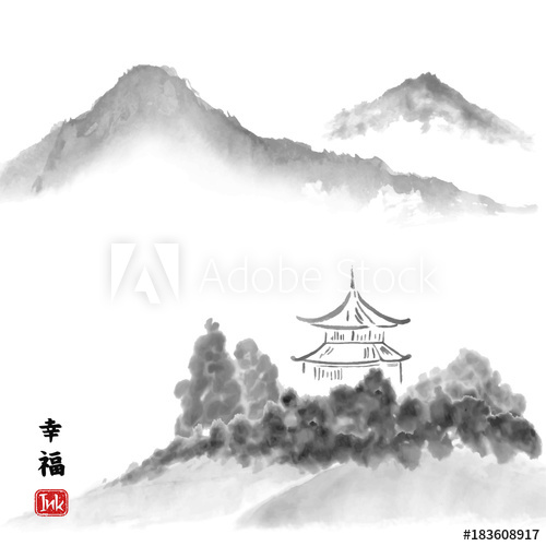 500x500 Traditional Asian Ink Art With Mountain Landscape And Pagoda