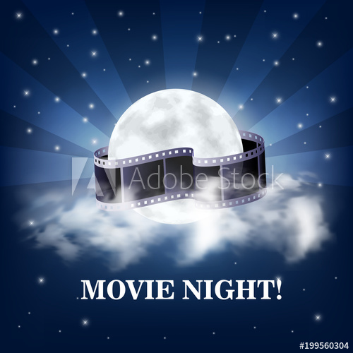 500x500 Movie Night! Vector Illustration With Realistic Moon, Clouds Star