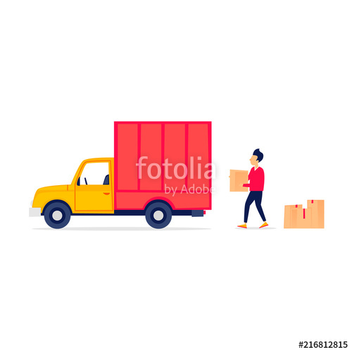 500x500 Trucking, Truck, Moving, Boxes Flat Style Vector Illustration