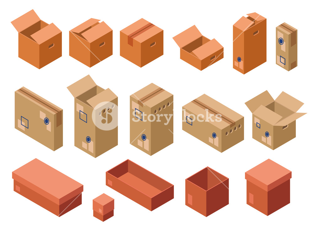 1000x750 Vector Isometric Shipping Package Cardboard Boxes Set Open Closed