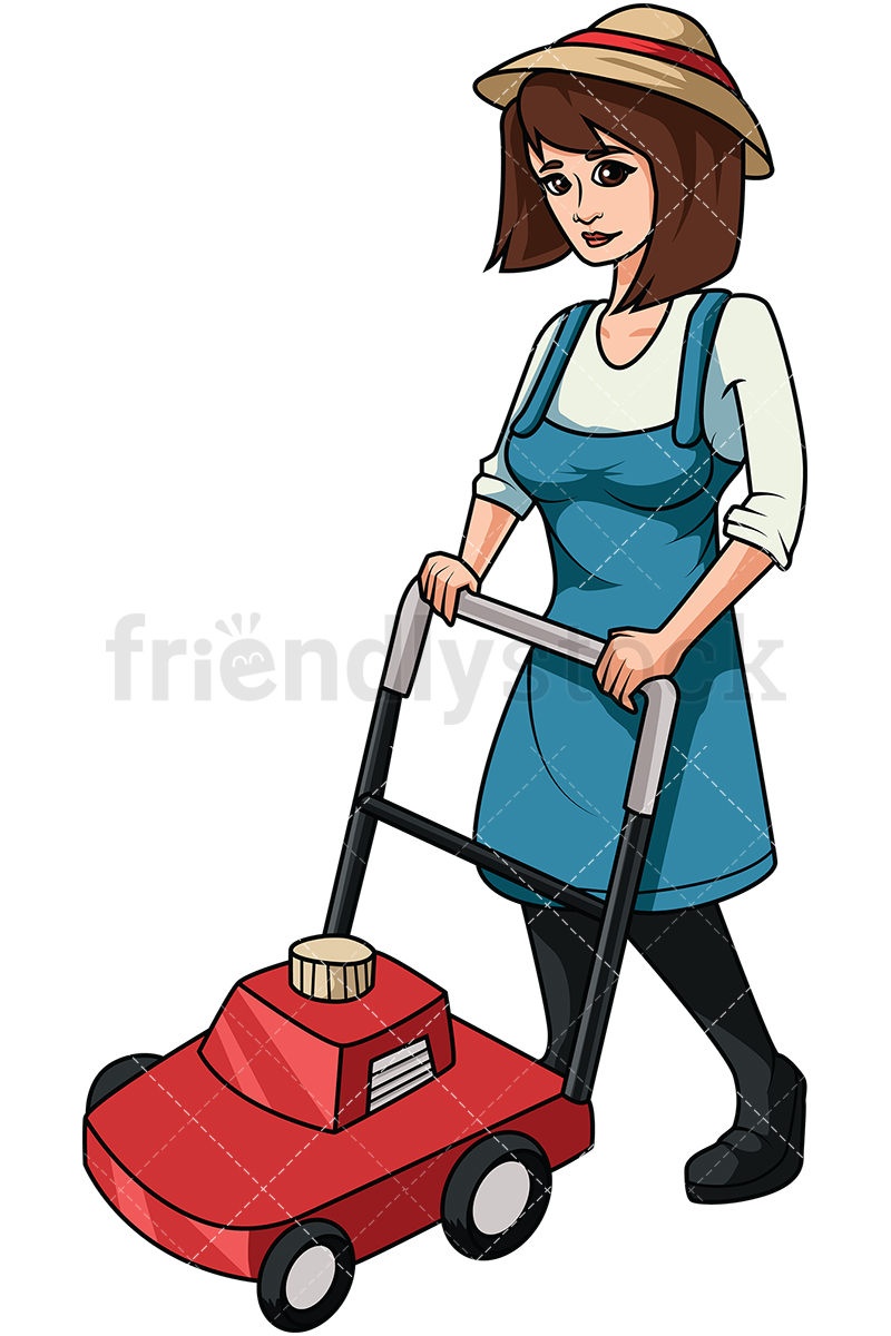 Woman Using Lawn Mower Cartoon Vector Clipart. 