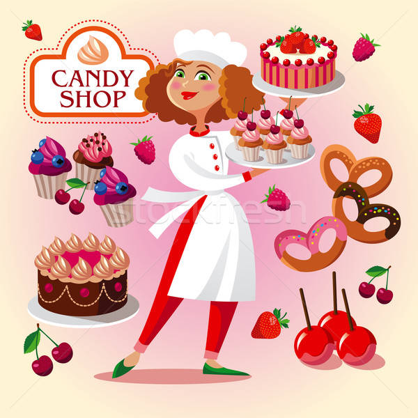 600x600 Pastry Cook Girl In The Pastry Shop Vector Set With Cakes
