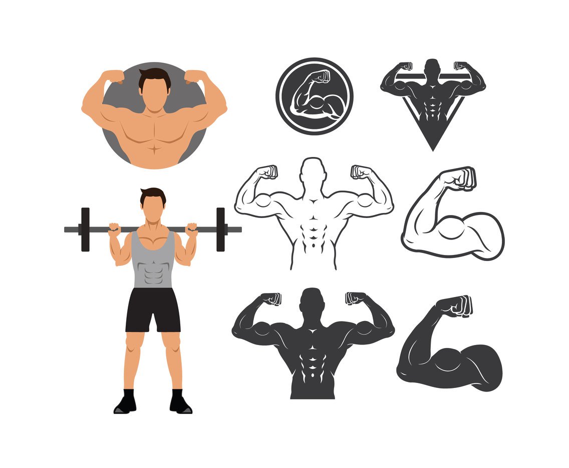 1136x936 Man Flexing Muscle With Silhouette Icons Vector Art Graphics