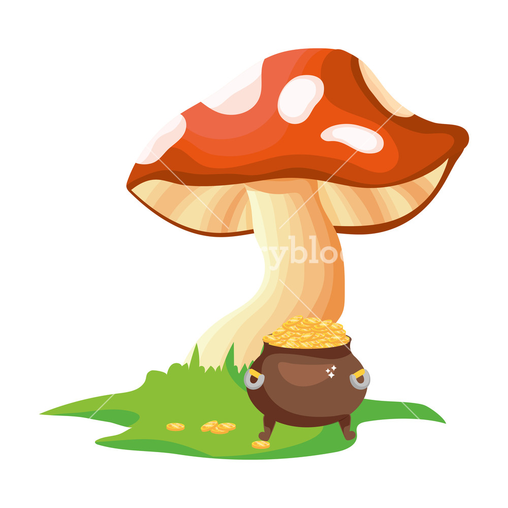 1000x1000 Raw Mushroom With Gold Coins Pot Cartoon Vector Illustration