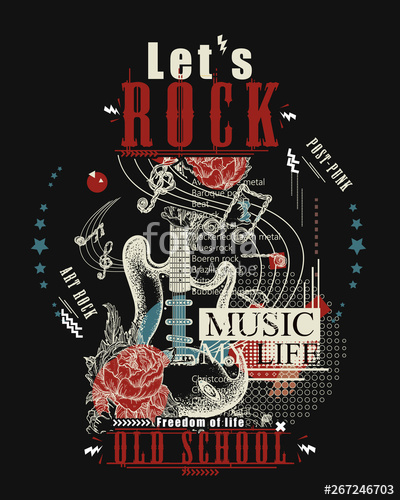 400x500 Rock Music Print Electro Guitar And Roses Let's Rock Slogan