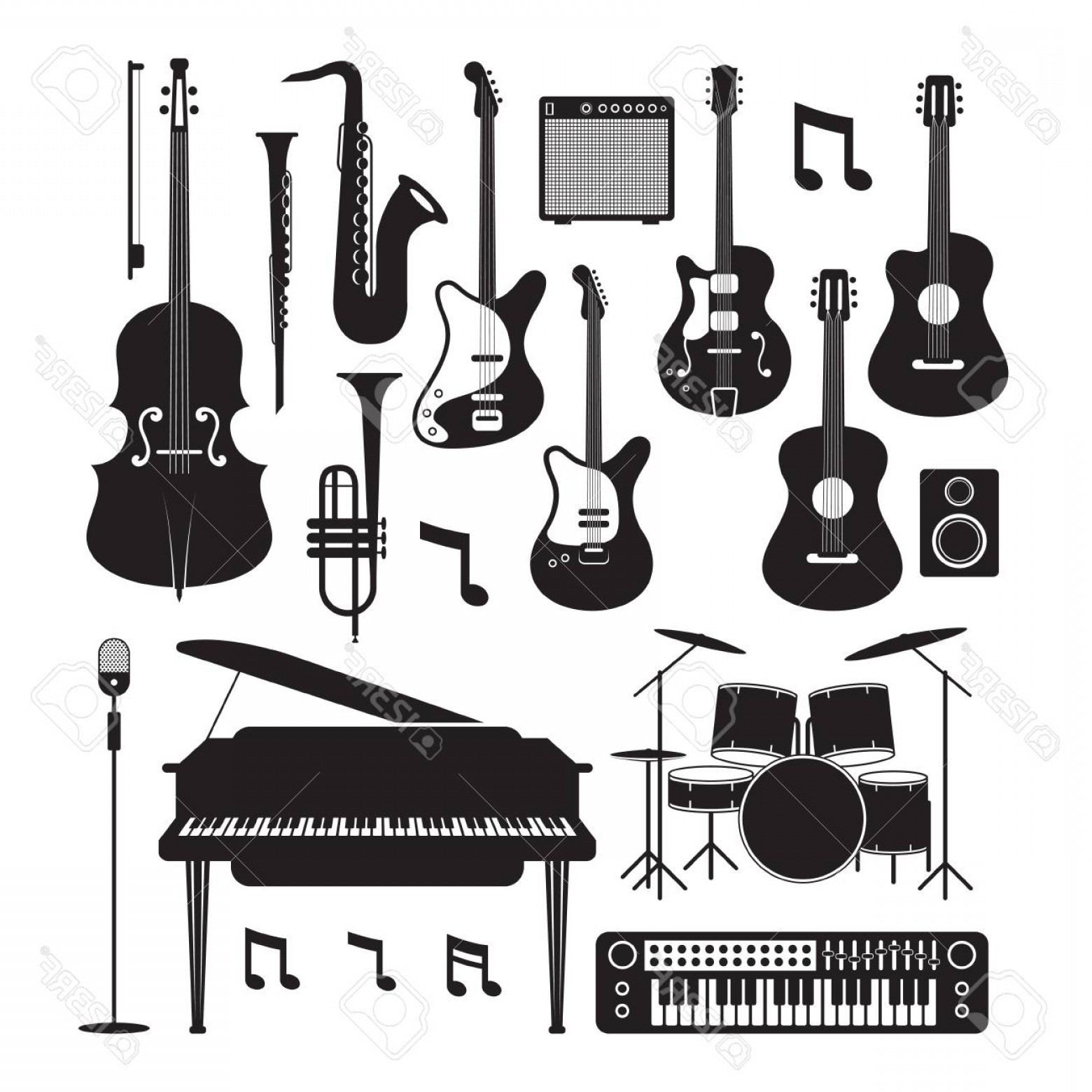1560x1560 Photostock Vector Jazz Music Instruments Silhouette Objects Set