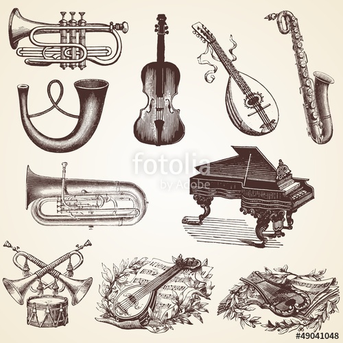 500x500 Vintage Musical Instruments Vector Illustrations, Pack Stock