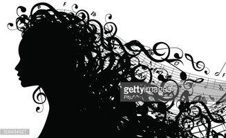 327x200 Vector Silhouette Of Female Head With Musical Symbols Stock