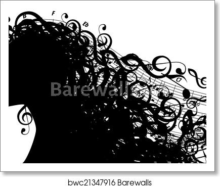 435x370 Vector Silhouette Of Female Head With Musical Symbols, Art Print