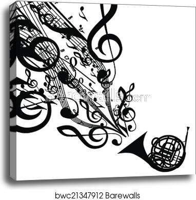 382x390 Vector Silhouette Of French Horn With Musical Symbols, Canvas