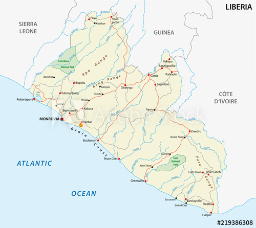 500x446 Republic Of Liberia Road And National Park Vector Map