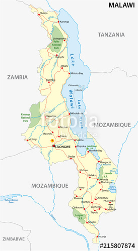 274x500 Republic Of Malawi Road And National Park Vector Map Stock Image