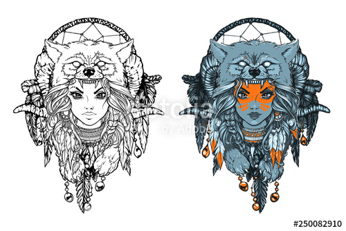 500x334 Native American Girl With Wolf Headdress And Feathers Coloring