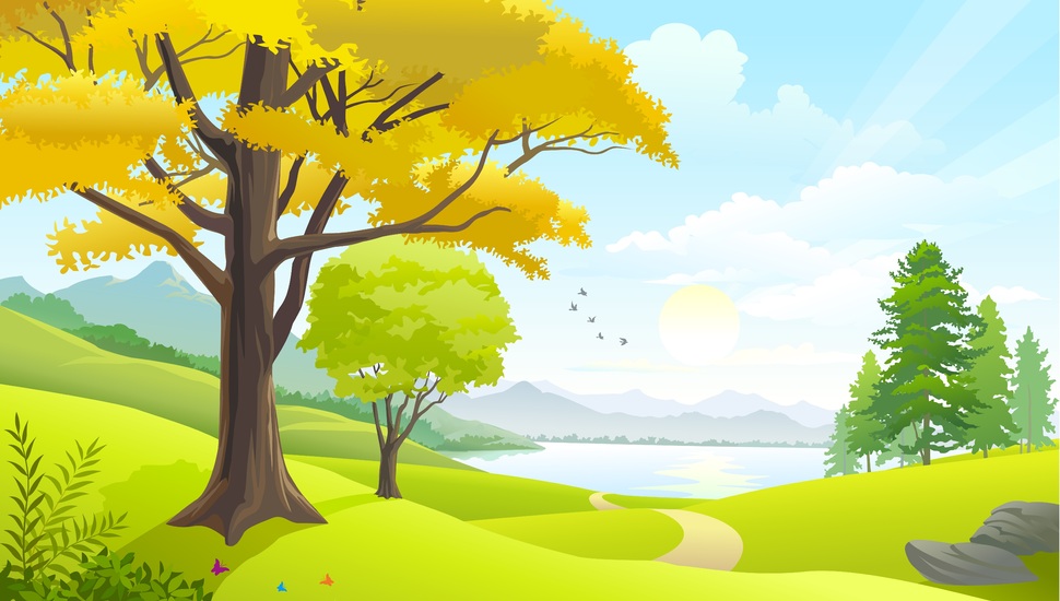 970x550 Birds, Nature, Vector Art, Clouds, Trees, Lake, Sky, Grass Field