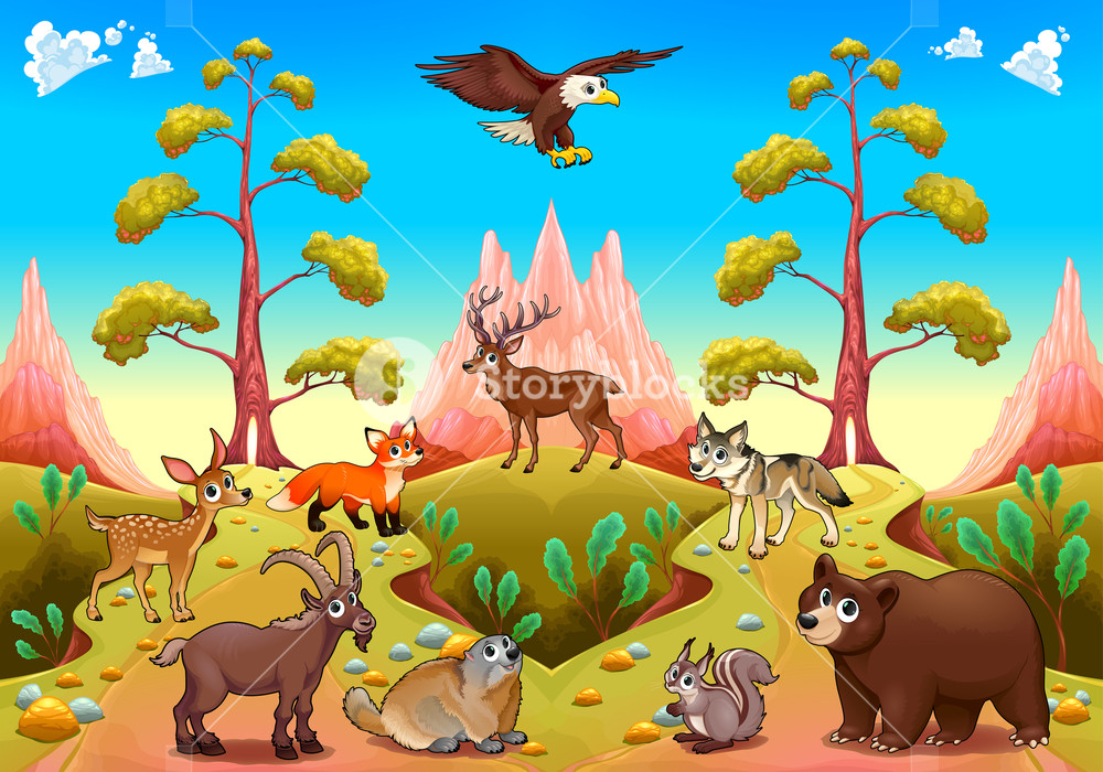 1000x700 Cute Mountain Animals In The Nature Vector Cartoon Illustration