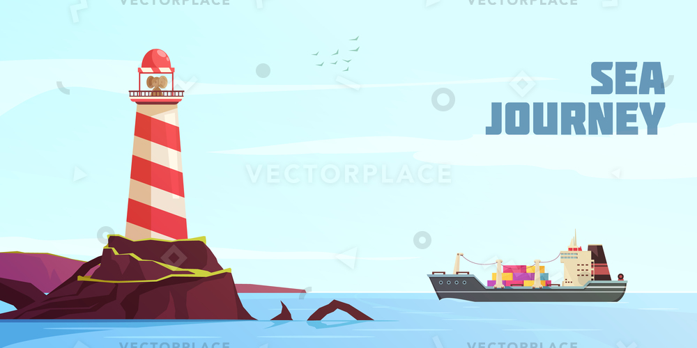 1000x500 Nautical Background Cargo Ship Lighthouse Cartoon Vector