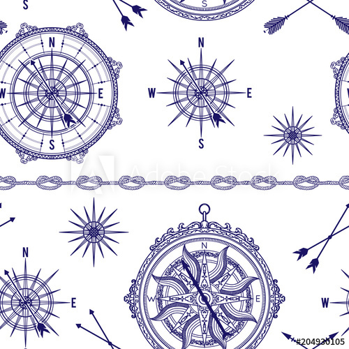 500x500 Seamless Pattern With Vintage Compass, Wind Rose And Rope Knot