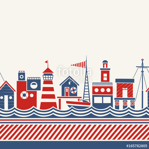500x500 Cartoon Seamless Border In Nautical Style With Coastal Buildings