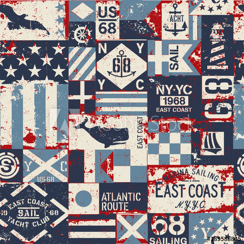 500x500 Grunge Nautical Flags Patchwork Vector Seamless Pattern