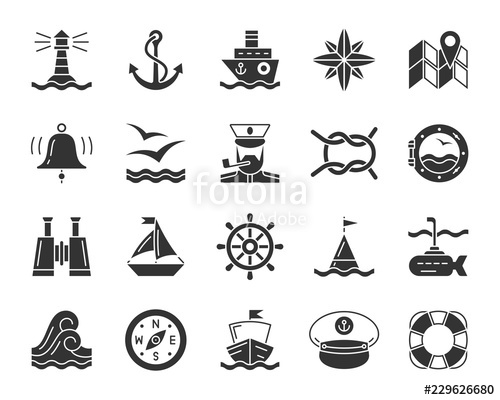 500x400 Marine Black Glyph Icons Vector Nautical Set Stock Image