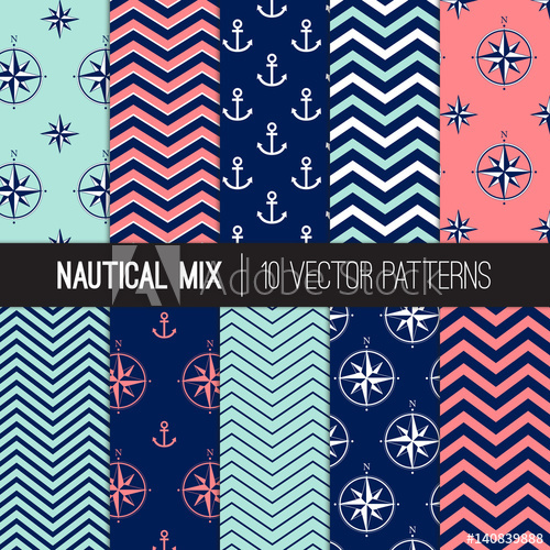 500x500 Girly Nautical Patterns In Navy Blue, Coral Pink And Aqua Chevron