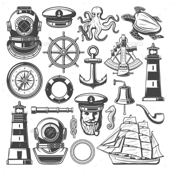 590x592 Nautical Symbols And Marine Sailing Vector Icons