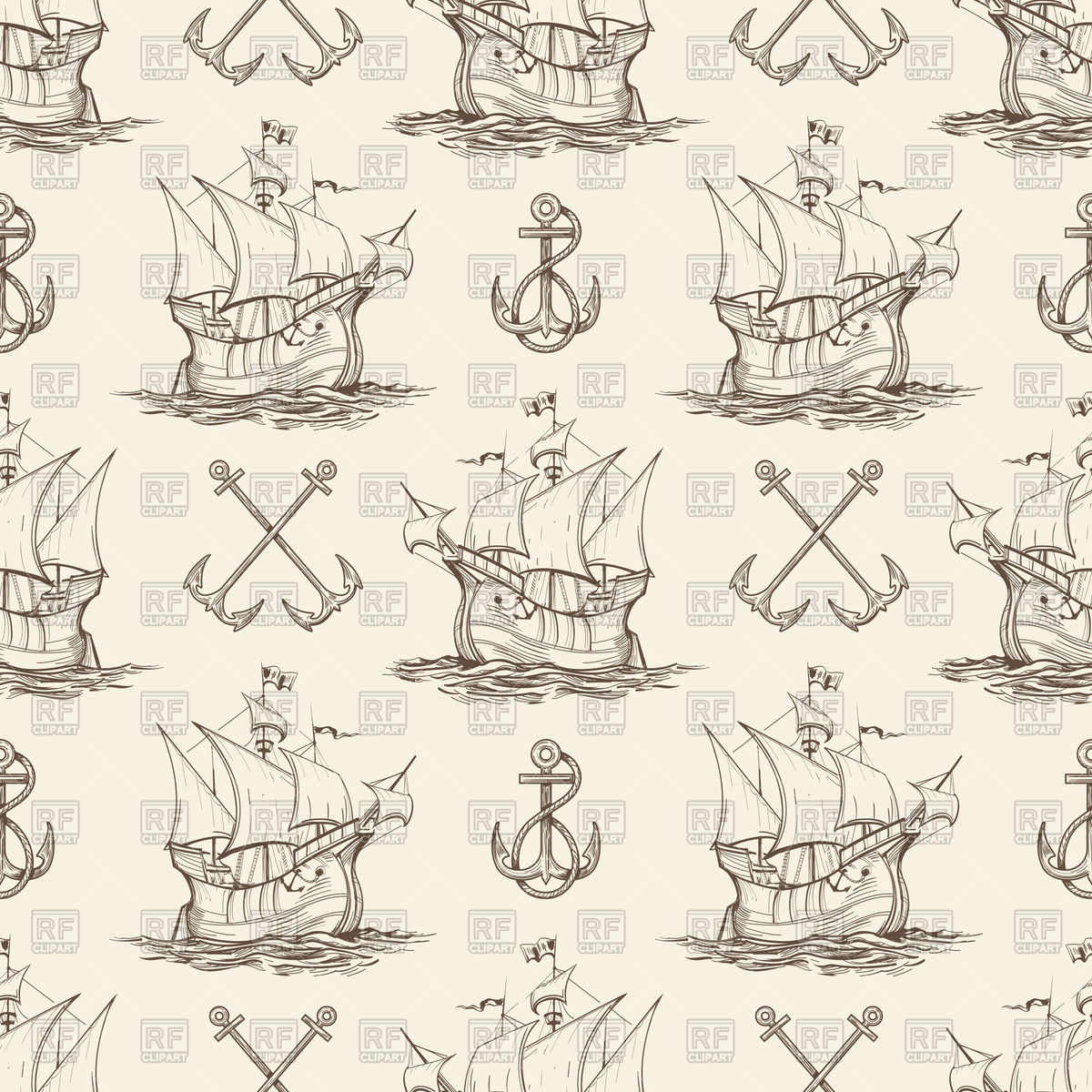 1200x1200 Seamless Nautical Pattern With Sail Ships And Anchors Vector Image