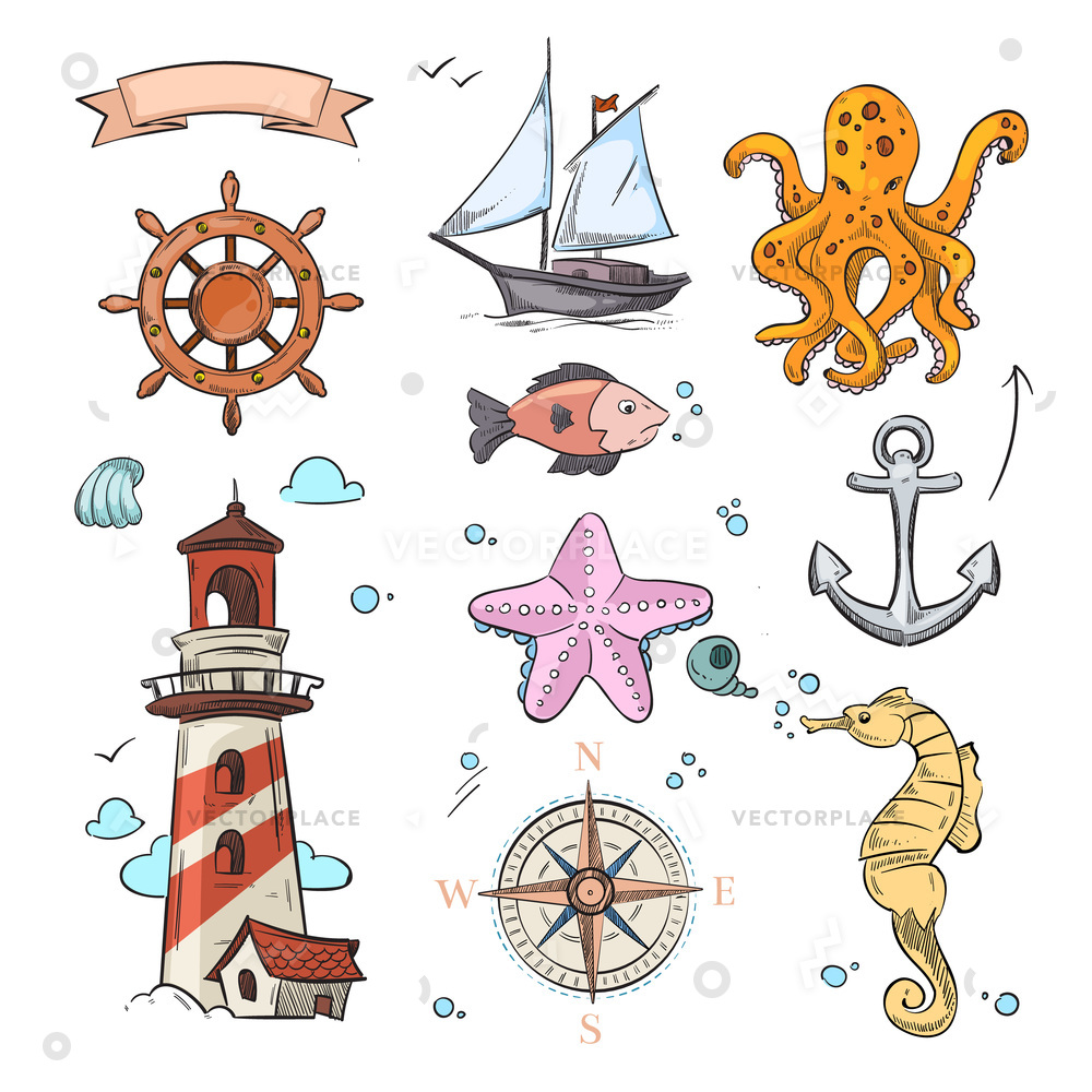1000x1000 Nautical Doodle Design Set Sea Star Vector Illustration