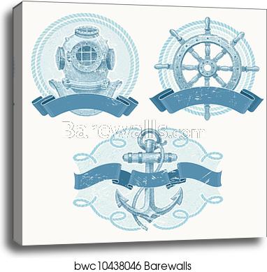 382x390 Nautical Vector Vintage Emblems, Canvas Print Barewalls Posters