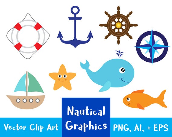 570x456 Nautical Clipart Ocean Clipart Sea Clipart Whale Clip Art Etsy