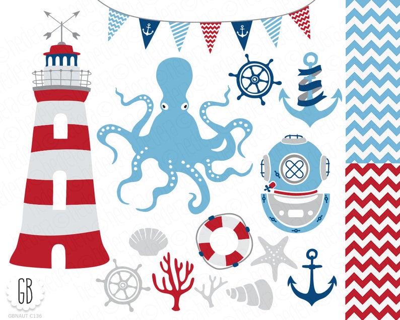 794x635 Nautical Vector Clip Art Lighthouse Octopus Coral Etsy