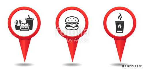 500x240 Set Marker Fast Food Gps Navigation, Vector, Icon Of The Point