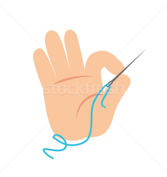 567x600 Hand Holding Needle And Thread Vector Illustration Vector