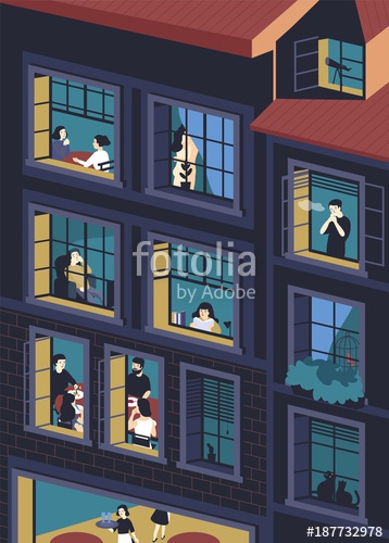 358x500 Facade Of Building With Opened Windows And People Living Inside
