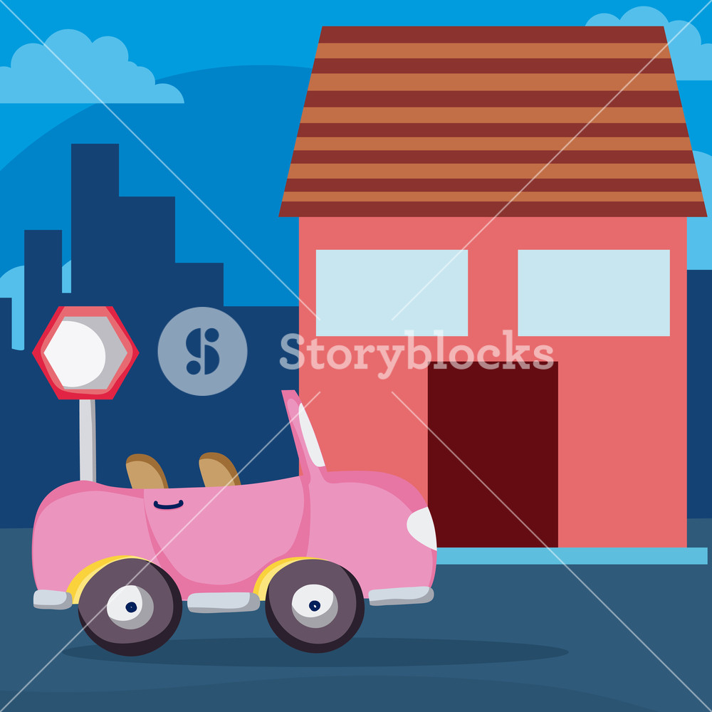 1000x1000 Pink Convertible Car On Neighborhood Vector Illustration Graphic