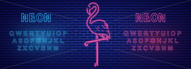 623x228 Neon Flamingos Banner With Neon Alphabet Vector Label Text Signs